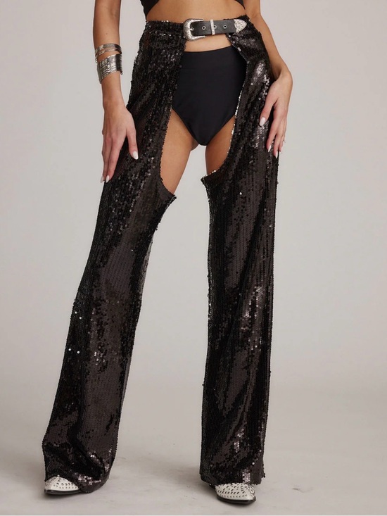12th Tribe Pants - Black Sequin Split-Leg Chaps with Silver Buckle